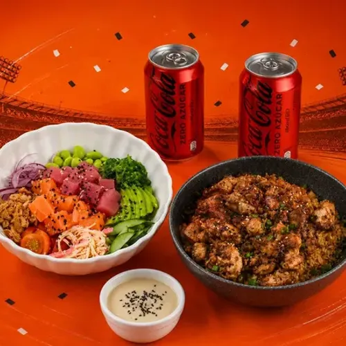 Zona mixta poke bowl, yakimeshi, 2 bebidas