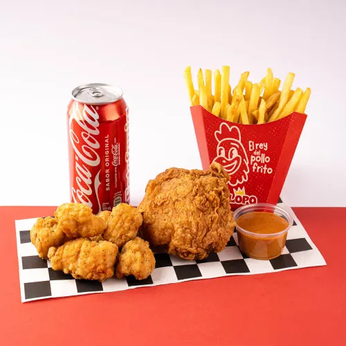 1 Pieza de Pollo, 5 Boneless + Acompañamiento, Salsa y Bebida
